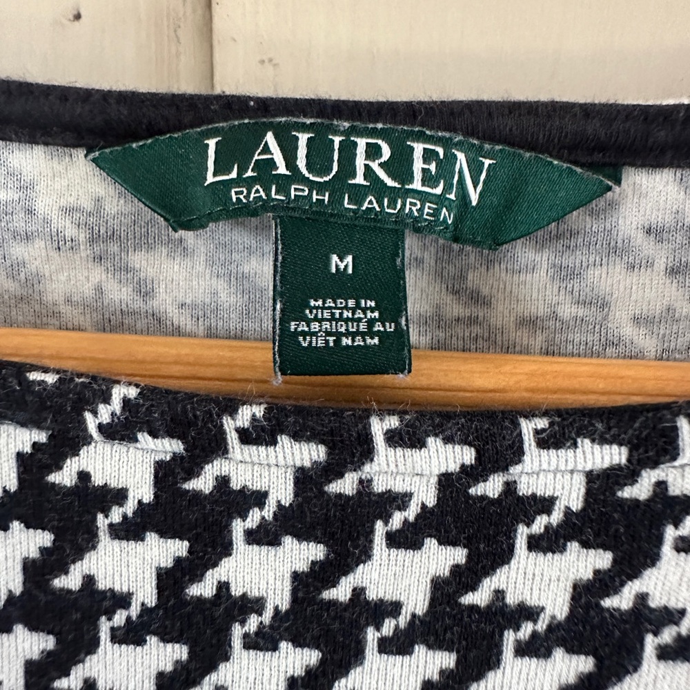 Lauren Ralph Lauren Houndstooth Top Medium Black White Cotton Knit Shirt - Picture 2 of 5